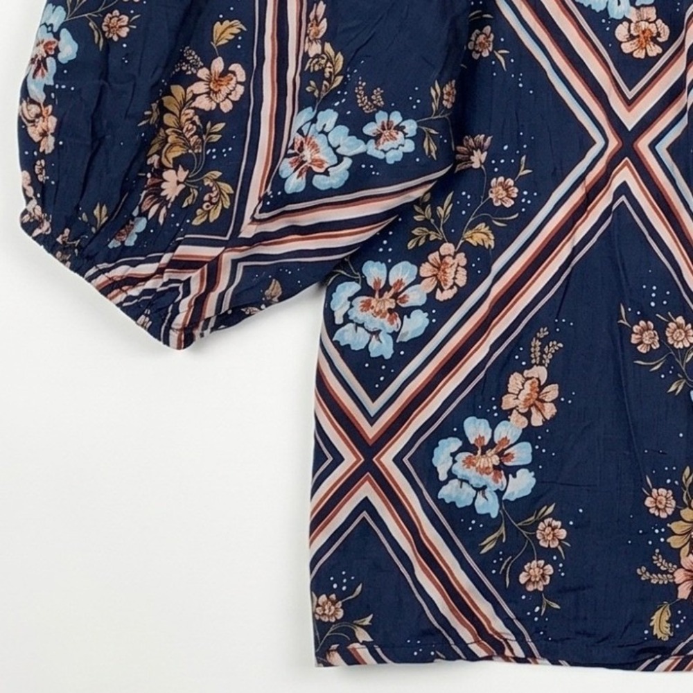 LC Lauren Conrad Blouse Women Large Blue Floral Diamond‎ Puff Sleeve Boho Top - Picture 7 of 13